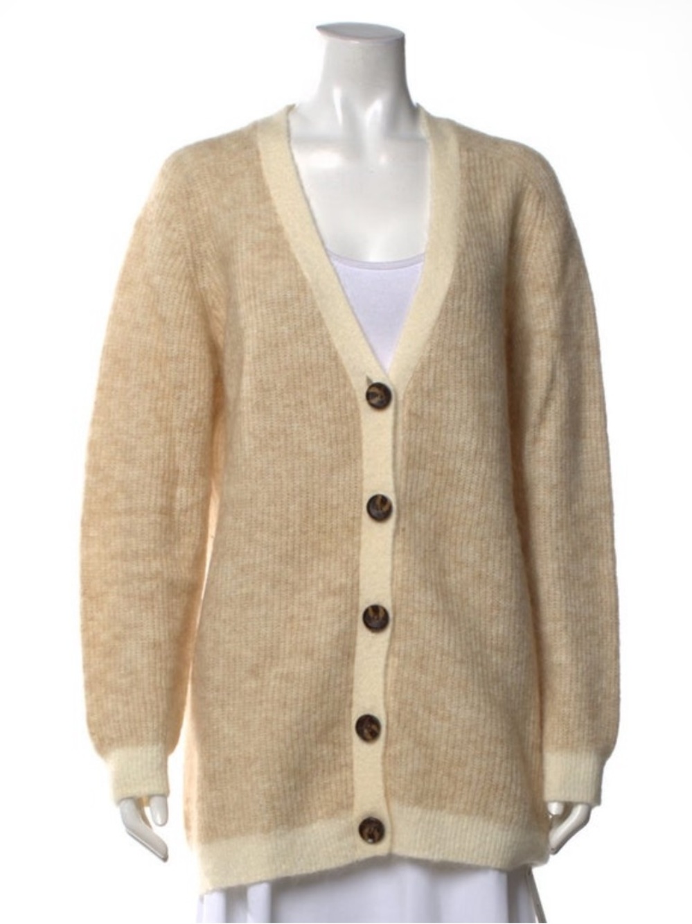 GANNI Sand Chunky Knit Long V-Neck Cardigan Sweater